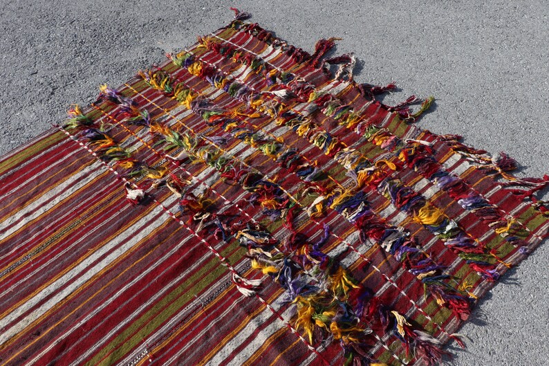 5235 Organic Kilim Tulu Kilim Vintage Kilim Turkish Kilim Antique Kilim Oushak Rug 6.9x5.5 feet Striped Kilim Handmade Kilim
