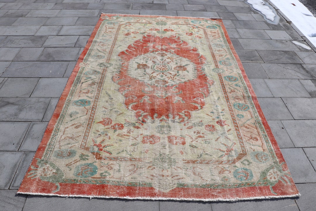 Rugs for Salon, Vintage Rug, Turkish Rug, Orange Bedroom Rugs, 5.7x9.2 Ft Large Rug, Antique Rug