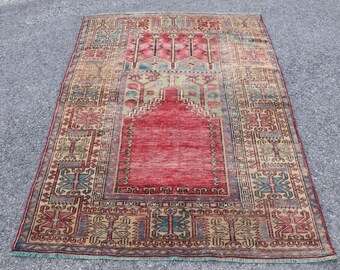 トルコ絨毯、エリアラグ、4 x 5 フィート、レッドラグ、ビンテージラグ