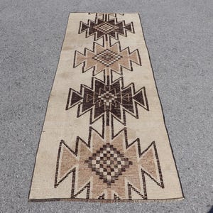 Vintage vloerkleed, 2,8 x 8 ft loper, bruinbeige herki-wollen vloerkleed