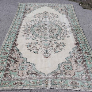 Turkish Vintage Rug, 5.2x9.7 ft Rug, Green Brown Patchwork Rug