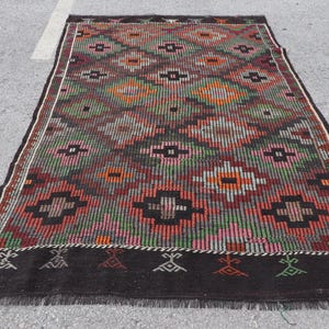 Turkish Vintage Large Rug 5.5x8.8 ft, Black Red Patchwork Wool Rug