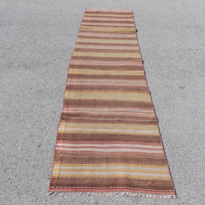 Vintage Runner Kilim, Turkish Kilim, Woven Kilim, Brown Anatolian Kilim, Striped Rug, Corridor Decor, 2x10ft