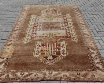 Turkish Rug, Large Carpet, Vintage Rug, Antique Rug, 77x119 inches Beige Carpet, Handmade Oversize Rug, Office Rug, Living Room Carpet, 6850