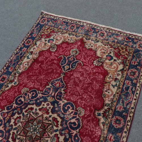 Turkish Rug, Area Rug, Vintage shops Rug, Oushak Carpet, 47x89 inches Red Rug, Organic Bedroom Carpet, Handwoven Indoor Rug, 8628