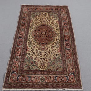 Alfombra vintage de 2,9 x 4,9 pies, alfombra turca, alfombra roja lisa de lana.