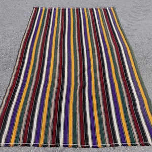 Kleurrijk gestreept Turks tapijt, tapijt van 4 x 8 ft, levendig veelkleurig ontwerp, handgemaakt textiel, traditioneel vloerkleed voor huisdecoratie