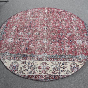 5.1x5.1 ft Area Rugs, Vintage Rug, Round Rug, Turkish Rug, Floral Rug, Antique Rug, Rugs For Kitchen, Purple Wool Rugs, Oushak Rug,  9427