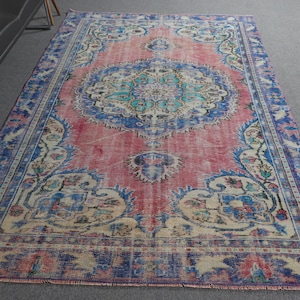 Vintage Turkish Rug, Distressed Pink and Blue Medallion Design, 6x9ft Area Rug, Unique Handmade Carpet Decor