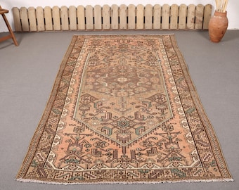 May include: A rectangular area rug featuring a central medallion design in shades of peach, brown, and muted green. The rug displays intricate geometric and floral patterns throughout the field and a wide, detailed border with repeating motifs.