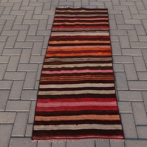 Vintage Turkish Kilim Door Mat, Handwoven Striped Rug, Multicolored Bohemian Decor, 2x5ft