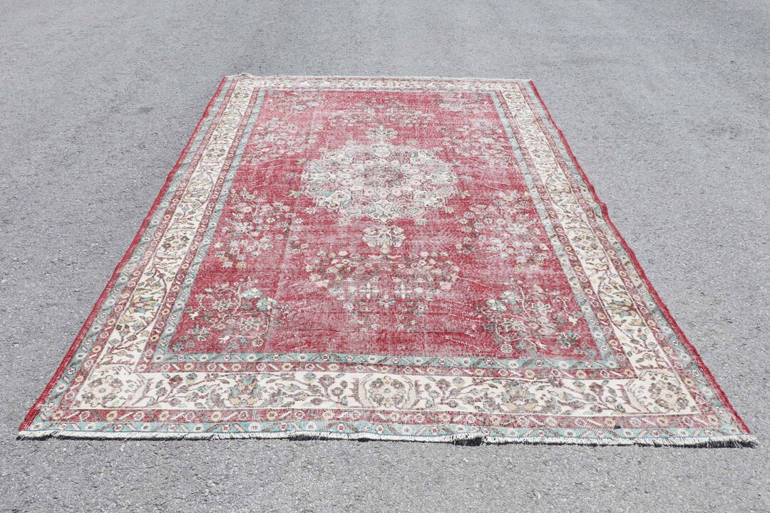 Rugs for Colorful, Vintage Rug, Red Antique Rug, 7.2x10.5 Ft Oversize Rugs, Turkish Rug, Oushak