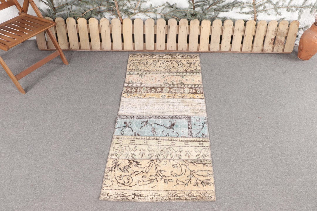 Turkish Rug Small Turkish Rug, 2.3x5.2 Ft Small Vintage Rug, Oushak Blue Brown Patchwork ...