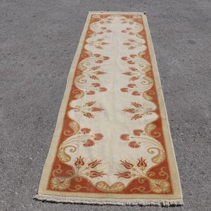 Vintage Turkish Runner Rug, Handmade Carpet, Cream and Terracotta Floral Design, Decorative Hallway Rug, 3x9ft, Elegant Home Decor