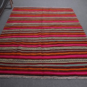 Vintage Turkse kelim, gestreept vloerkleed, woonkamertapijten, regenboogkelim, 6 x 7 ft, kantoorinrichting, vloerkleed kinderkamer