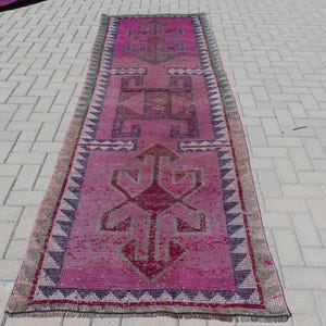 Vintage Turkish Runner Rug, Pink Geometric Pattern, 3x10ft, Unique Handmade Design, Bohemian Home Decor