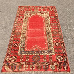 Vintage Turkish Rug, Red and Beige Accent Carpet, 4x6ft, Geometric Floral Design, Handmade Unique Home Decor