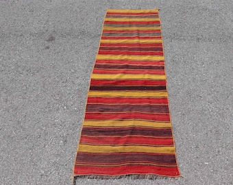 May include: A long, rectangular runner rug featuring a repeating pattern of horizontal stripes in shades of mustard yellow, vibrant red, and deep dark brown. The textile has a flat-woven texture and includes short, frayed fringe edges at both ends.