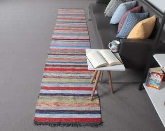 May include: A long, rectangular area rug featuring a horizontal striped pattern in various colors including red, blue, yellow, green, and purple. The rug has a woven texture and short, dark fringe at both ends, extending across the floor surface.