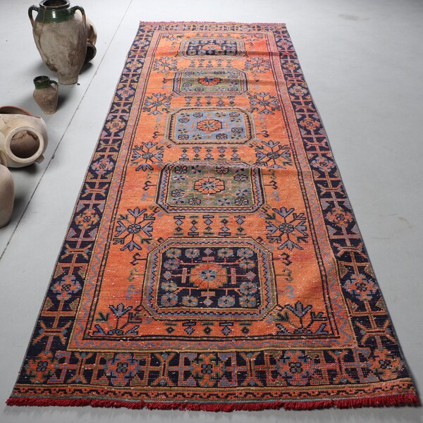 Turkish Rug, Runner Rug, Vintage Rug, Antique Rug, 48x133 inches Orange Carpet, Anatolian Hallway Rug, Organic Corridor Rug,  8259