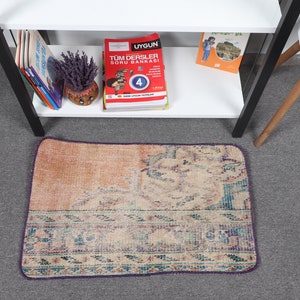 Small Rug, Turkish Rug, Vintage Rug, Faded Oushak Rugs, Rugs For Bathroom, 1.4x3.8 ft Red Rug, Anatolian Rug, Modern Door Mat,  10131