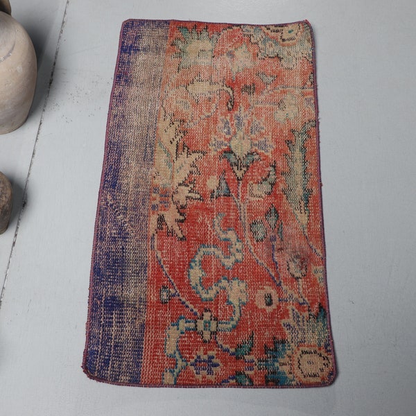 Tapis turc, Petit tapis, Tapis vintage, Tapis Oushak, Tapis rouge 19x37 pouces, Tapis organique, Tapis de tapis de porte, Tapis de bain anatoliens, 8393