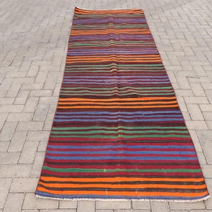 Colorful Turkish Kilim, Runner Kilim, Vintage Kilim, Handmade Oushak, Striped Kilim, Hallway Carpet, 3x10ft Woven Rug, Rustic Decor