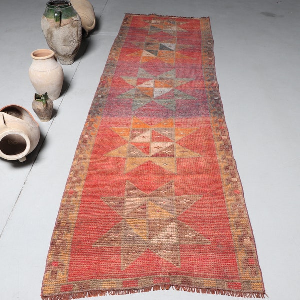 Vintage Rug, Runner Rug, Herki Rug, Turkish Rug, Antique Rug, 37x129 inches Red Carpet, Turkey Kitchen Rugs, Anatolian Corridor Rug,  8311
