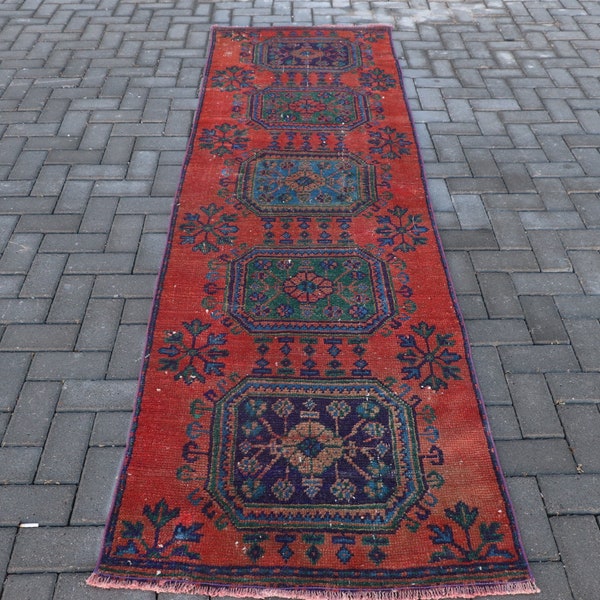 Vintage Rug, Runner Carpet, Turkish Rug, Antique Carpet, 34x110 inches Orange Carpet, Outdoor Stair Rug, Handmade Corridor Rugs,  7804