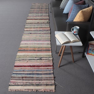 May include: A long, narrow, handwoven rug with a striped pattern in various colors, including pink, beige, and blue. The rug is made of fabric strips and is placed on a gray floor. The rug is a decorative home decor item.