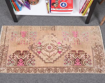 1.5x3.1 ft Rug, Turkish Vintage Rug, Brown Pink Check Rug