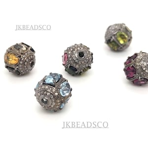 Beautiful Blue Topaz/Multi Tourmaline Beads on 925 Sterling Silver with Pave Diamonds| Size: 12mm| Pave Diamond Findings| Gemstone Beads