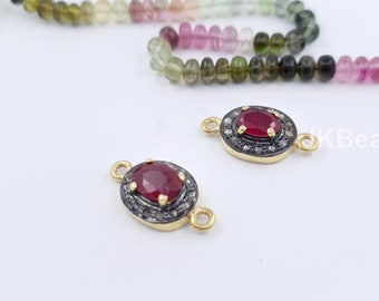 Conector de rubí bicolor con pavé de diamantes en plata de ley 925 estándar, accesorios de joyería con diamantes, conectores de doble asa pavé.