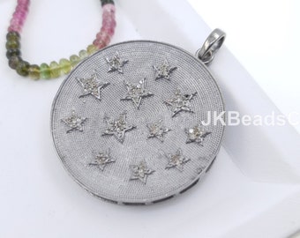 Pave Diamond Star Round Pendant Sterling Silver 925 Jewelry,Diamond Handmade Pendant, 44x39mm, Pave Setting Diamonds Necklace