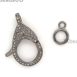 Pave Diamond Teardrop Lock Clasp Findings, 25x14mm Double Sided Diamonds, Silver Sterling 925 Standard Oxidization, Diamond Jewellery