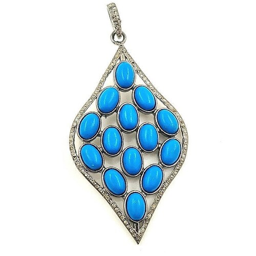 Turquoise Pendent Pave Diamond Design Sterling Silver 925 Jewelry, Handmade Pendant, 50x37mm, Pave Setting Diamonds shops Necklace