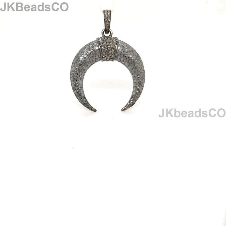 Pave Diamond Silver Oxidised Antler Horn Pendant Sterling Silver 925 Jewelry Handmade Pendant 38x29mm Pave Setting Diamonds Necklace
