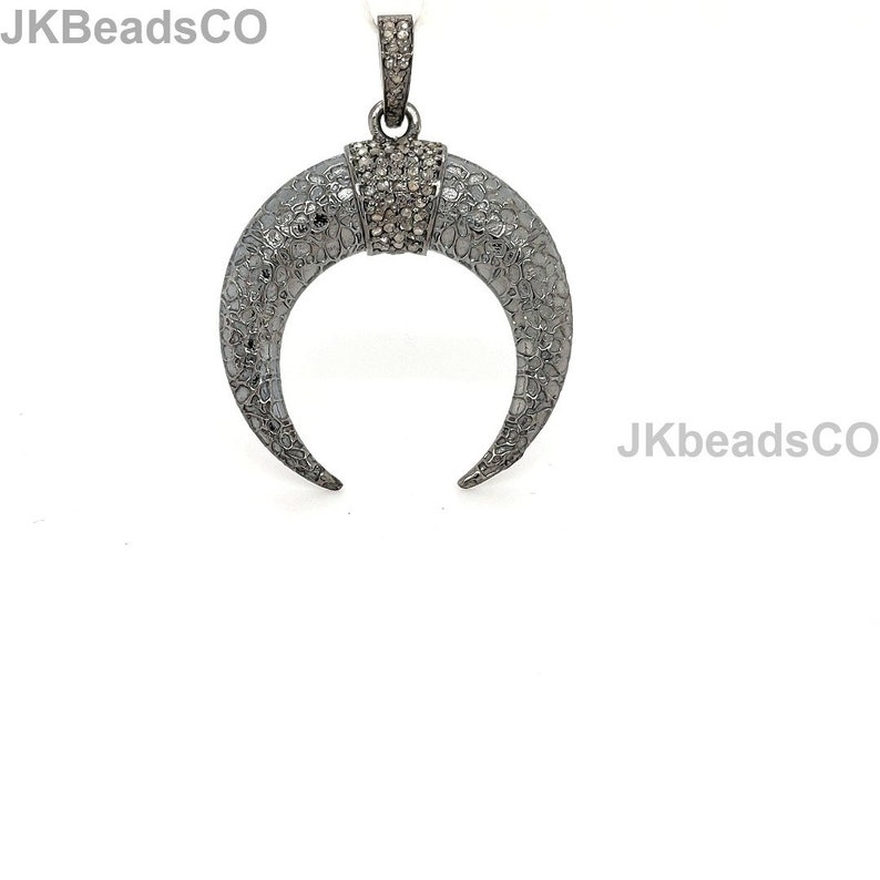 Pave Diamond Silver Oxidised Antler Horn Pendant Sterling Silver 925 Jewelry Handmade Pendant 38x29mm Pave Setting Diamonds Necklace