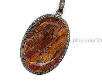 Pave Diamond Jasper Pendant, 925 Sterling Silver Jewelry Necklace, Fantastic Looking Natural Jasper And Genuine Diamonds, Size:48x31mm