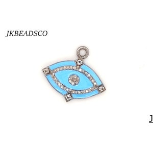 Silver Oxidised Enemal Evil Eye Charms Pendant Pave Diamond Silver Findings Sterling 925 Standard, Size: 20x17mm Necklace Charms Jewelry.