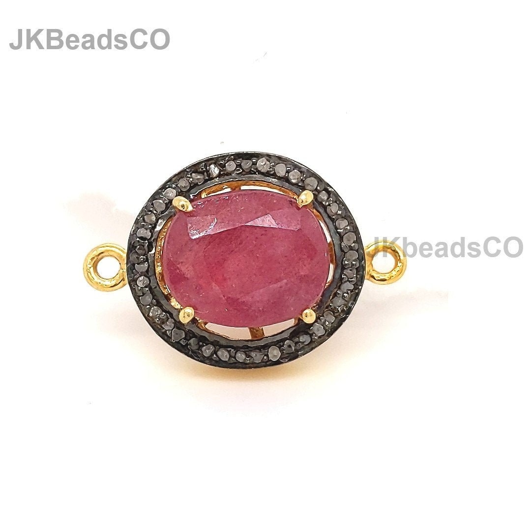 Conector de rubí bicolor con pavé de diamantes en plata de ley 925 estándar, accesorios de joyería con diamantes, conectores de doble asa pavé.