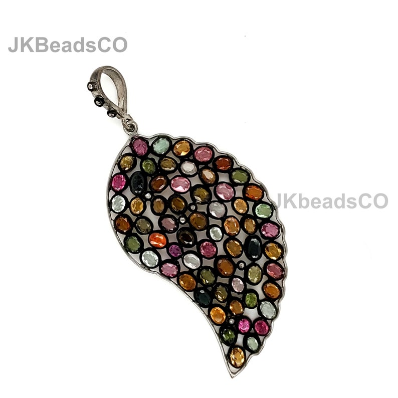 Pave Diamond Multi Colour Tourmaline Pendant Diamond Silver Sterling 925 Standard Deep Black Size Necklace Pendant Jewelry 71x32mm