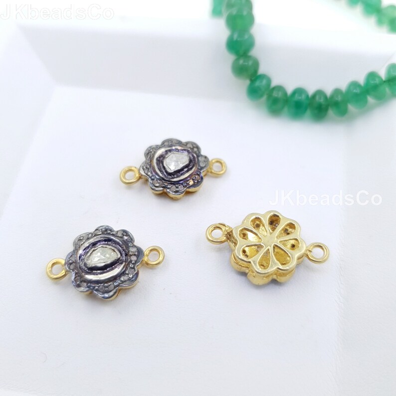 Two Tone Flower Polki Connector Silver Findings Silver Sterling 925 Standard Diamond Jewelry Findings Spacers Pave Connectors