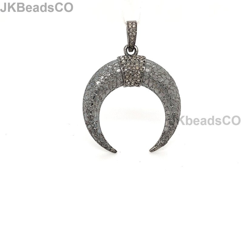 Pave Diamond Silver Oxidised Antler Horn Pendant Sterling Silver 925 Jewelry Handmade Pendant 38x29mm Pave Setting Diamonds Necklace