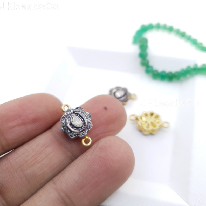Two Tone Flower Polki Connector Silver Findings Silver Sterling 925 Standard Diamond Jewelry Findings Spacers Pave Connectors
