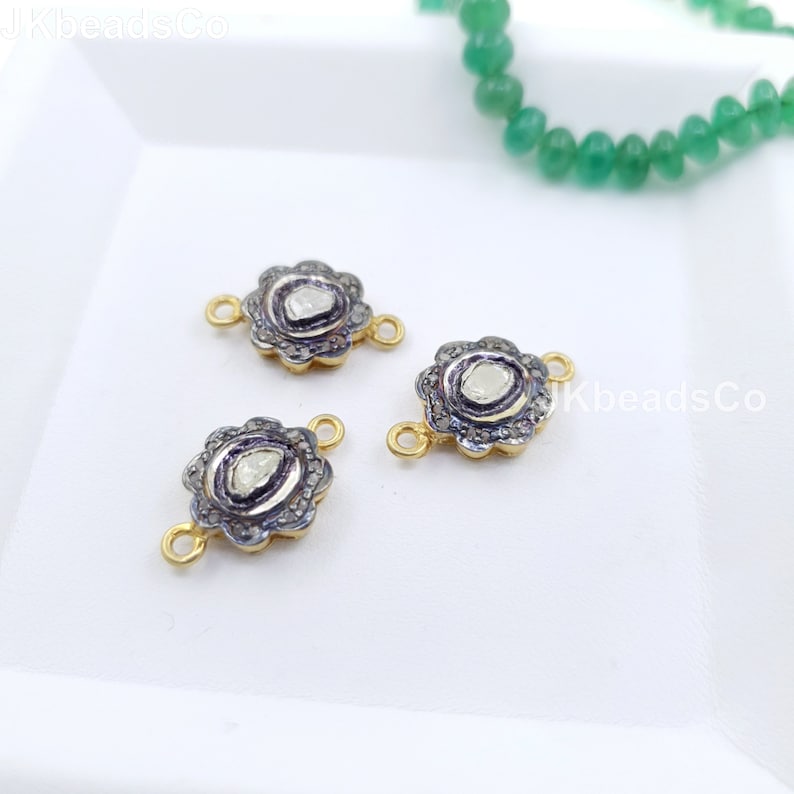 Two Tone Flower Polki Connector Silver Findings Silver Sterling 925 Standard Diamond Jewelry Findings Spacers Pave Connectors