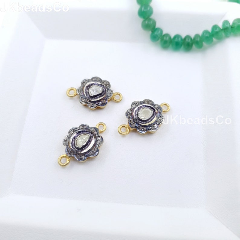 Two Tone Flower Polki Connector Silver Findings Silver Sterling 925 Standard Diamond Jewelry Findings Spacers Pave Connectors