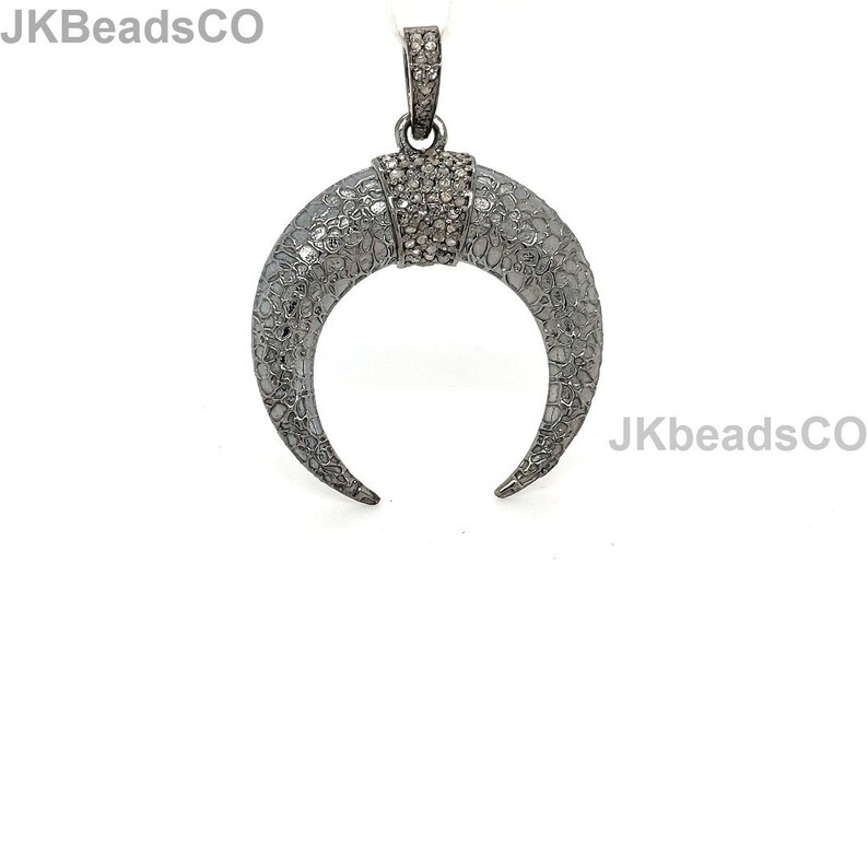 Pave Diamond Silver Oxidised Antler Horn Pendant Sterling Silver 925 Jewelry Handmade Pendant 38x29mm Pave Setting Diamonds Necklace