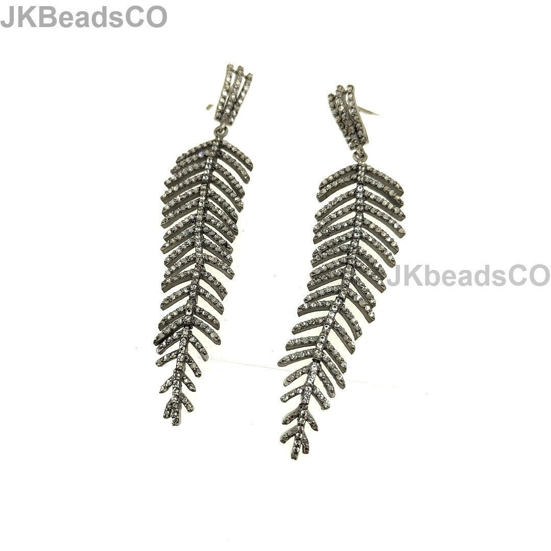 Palm Tree Leaves All Pave Diamond Earrings 70x17mm 925 Sterling Silver