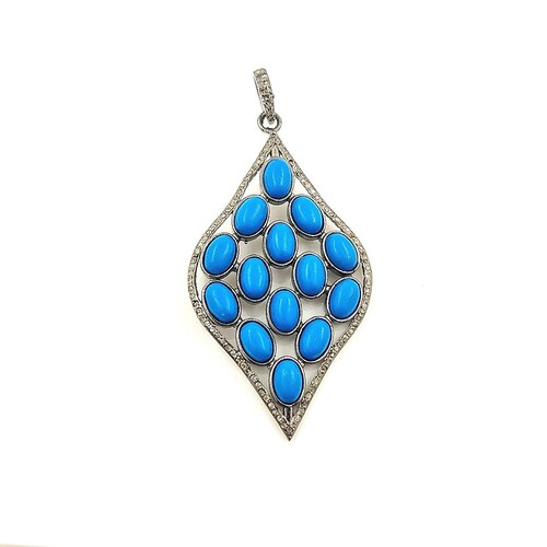 Turquoise Pendent Pave Diamond Design Sterling Silver 925 Jewelry, Handmade Pendant, 50x37mm, Pave Setting Diamonds shops Necklace